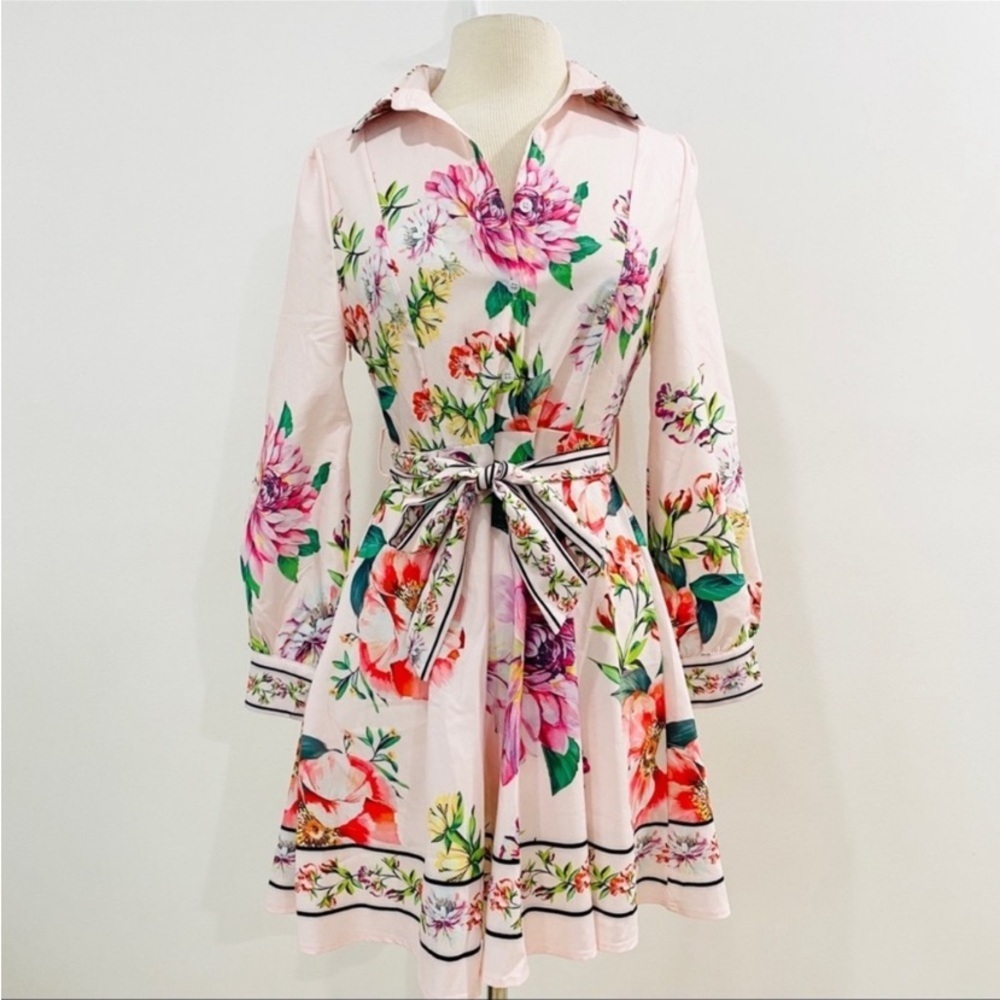 Floral Pink Shirt Dress with Tie Waist